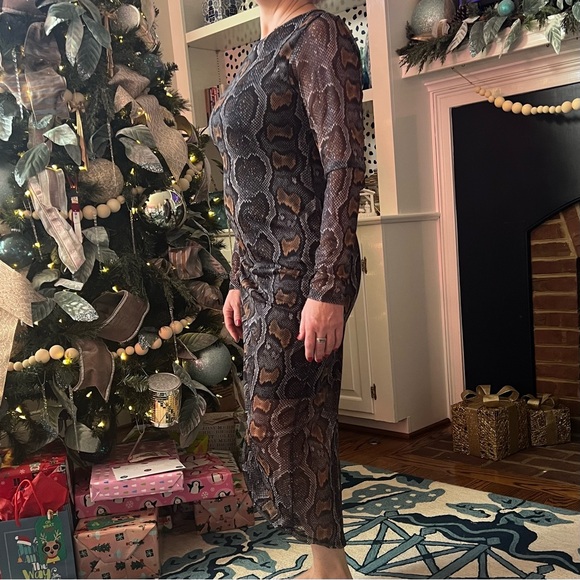 All Saints Norma Ruched Mesh Midi Dress Size 10 Snake Print - Picture 6 of 10